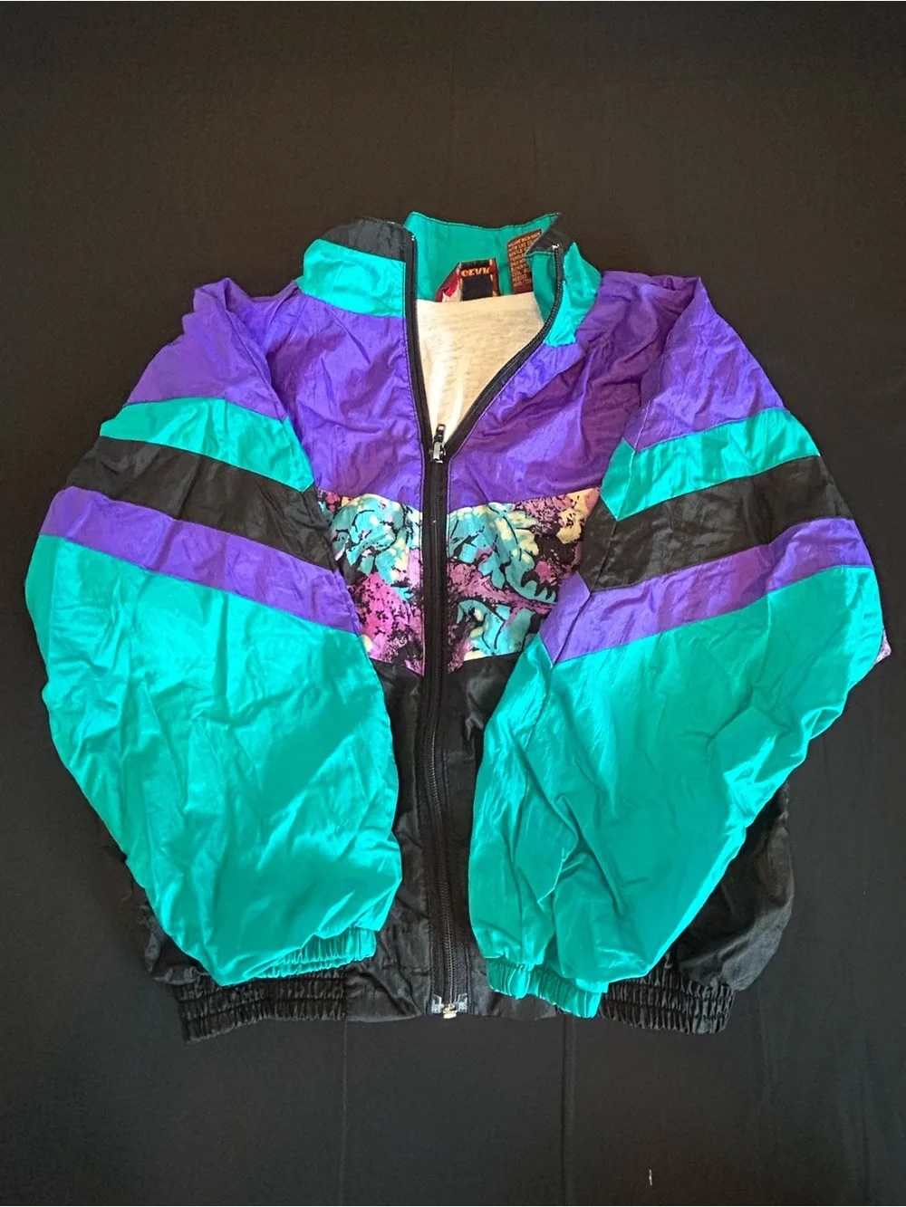 90s Colorblock Kids Windbreaker Purple Teal Dinosaur Print